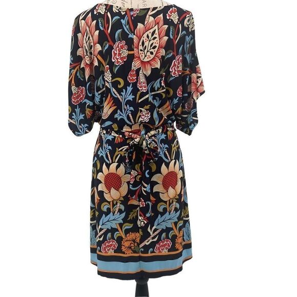 BCBGMAXAZRIA Woodblock Navy Folk Art Floral Dress Tie Waist Peplum Sheath Dress - Picture 6 of 9